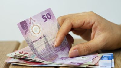 side view hand holding mexican money